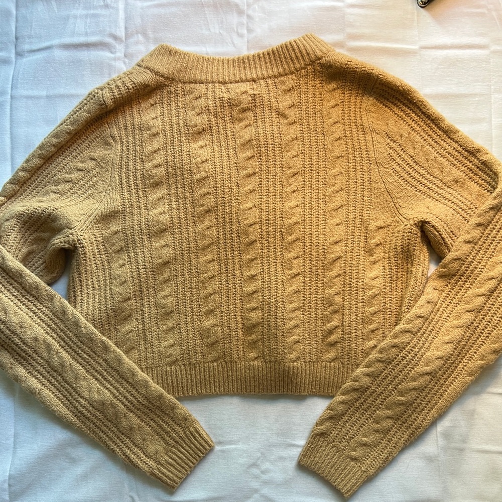 Open Edit Nordstrom Women's Tan Camel Cable Knit Crop Cardigan Sweater - Picture 6 of 7